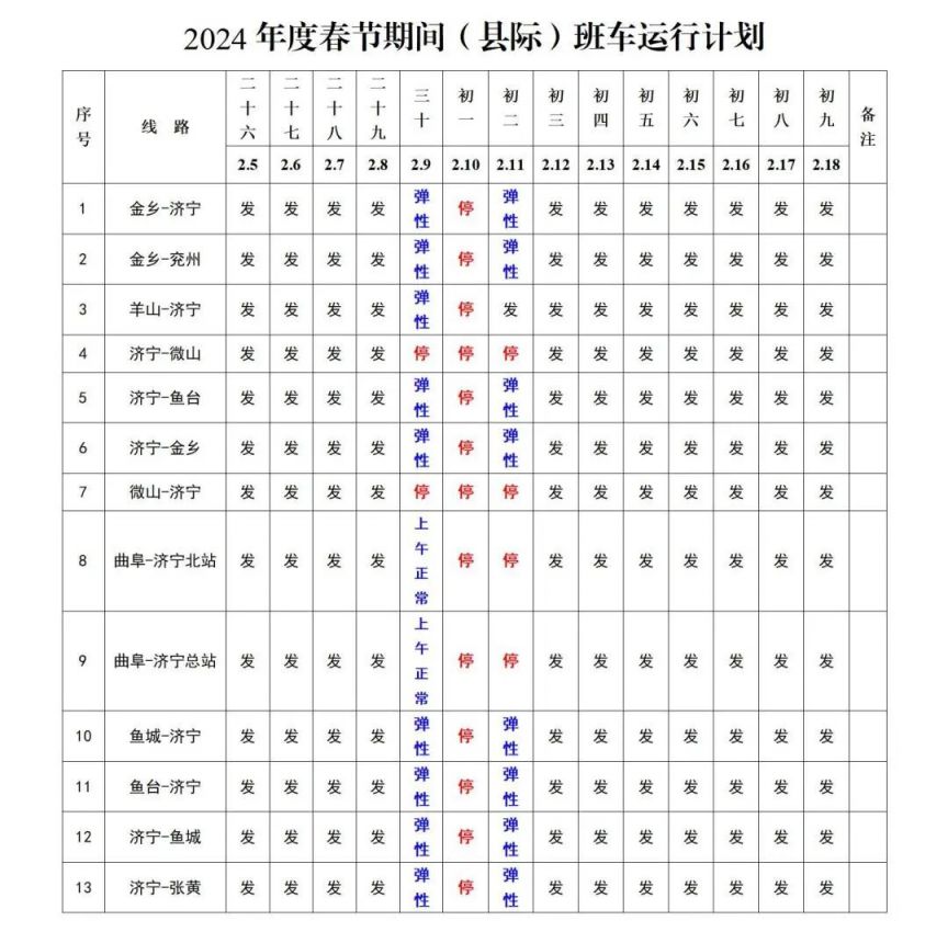 2024濟寧交運集團各汽車站春節時刻表