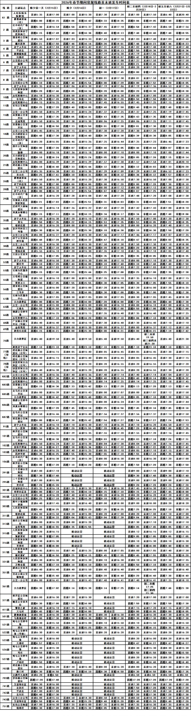 2026年春节期间济宁公交线路运营时间表