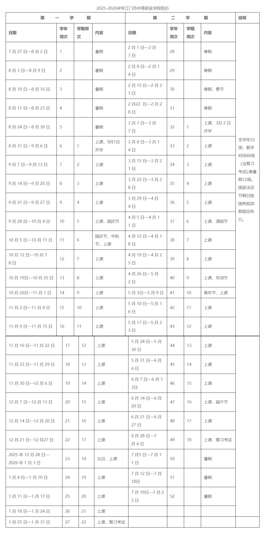 2025-2026学年江门市中等职业学校校历