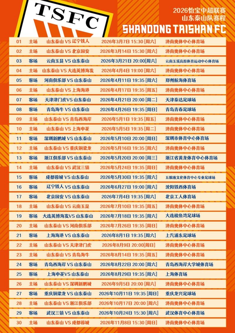 2026中超联赛山东泰山队赛程