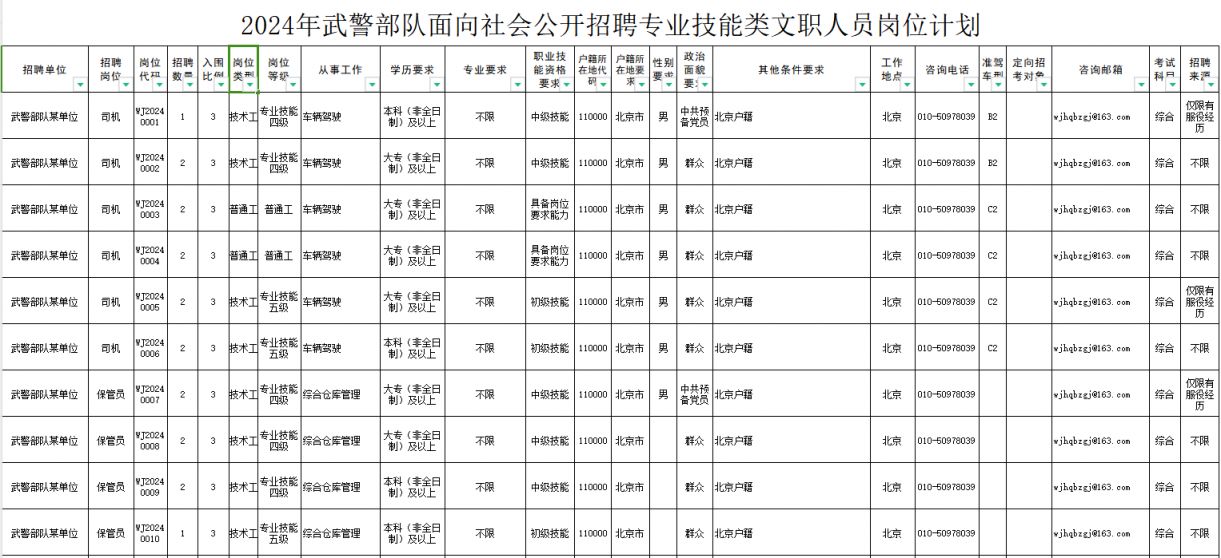 2024年武警部队专业技能类文职人员招聘岗位 2024年武警部队专业技能