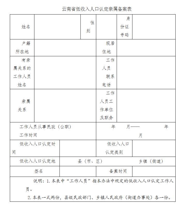云南省低收入人口认定亲属备案表下载入口（附样表）