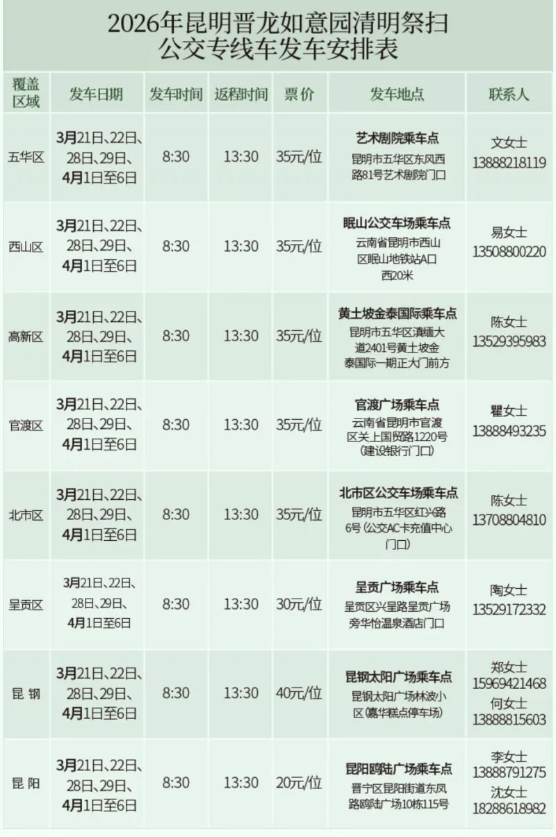 2026年昆明晋龙如意园清明祭扫专线乘车指南