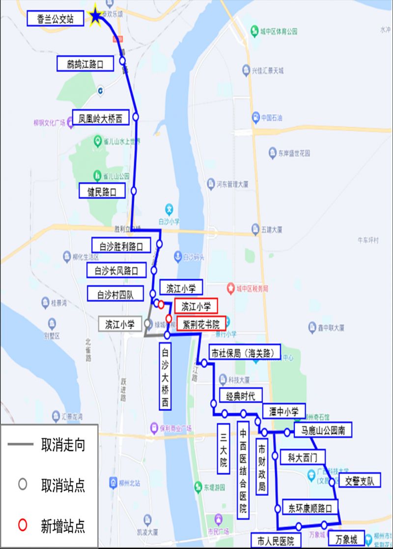 线路走向:线路由环形线变更为单行线,上行从龙潭医院公交站发车后按原