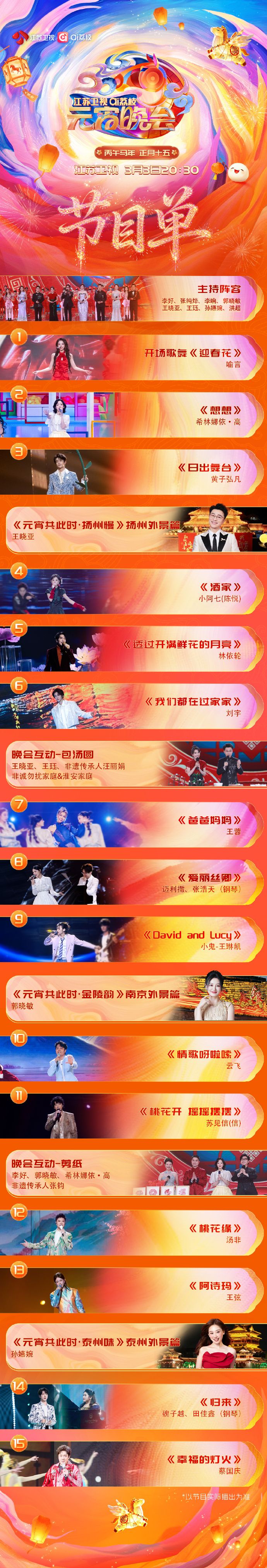 2026江苏卫视元宵晚会节目单公布