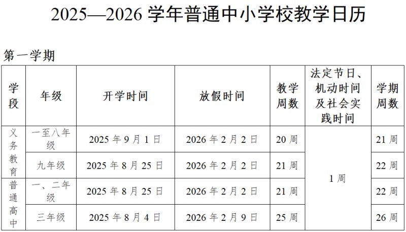 2025—2026学年来宾普通中小学校教学日历