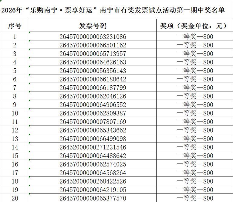 20026年南宁第一期有奖发票中奖名单（附下载入口）