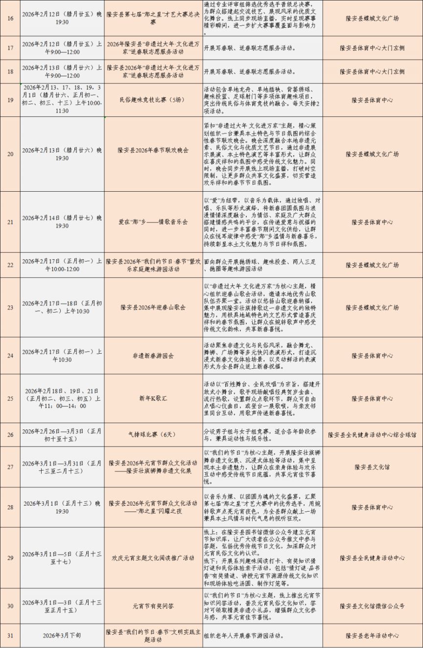 2026年南宁隆安县春节活动安排表