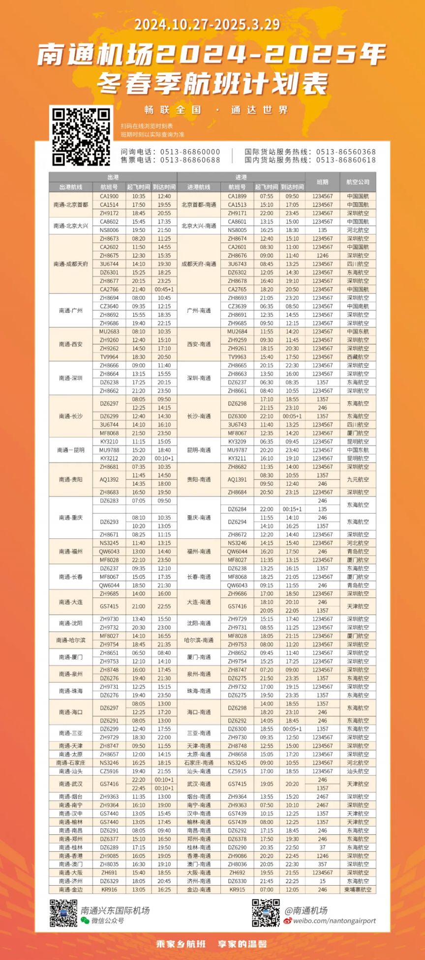 南通机场2024-2025年冬春季航班计划表