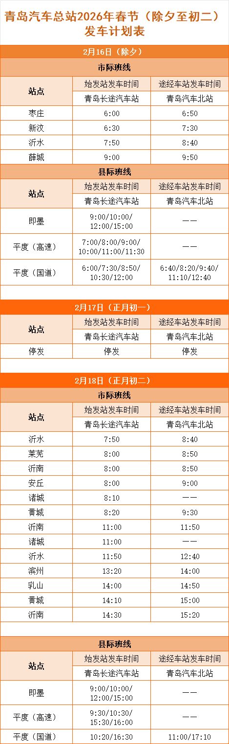 2026年春节假期青岛汽车总站班次计划
