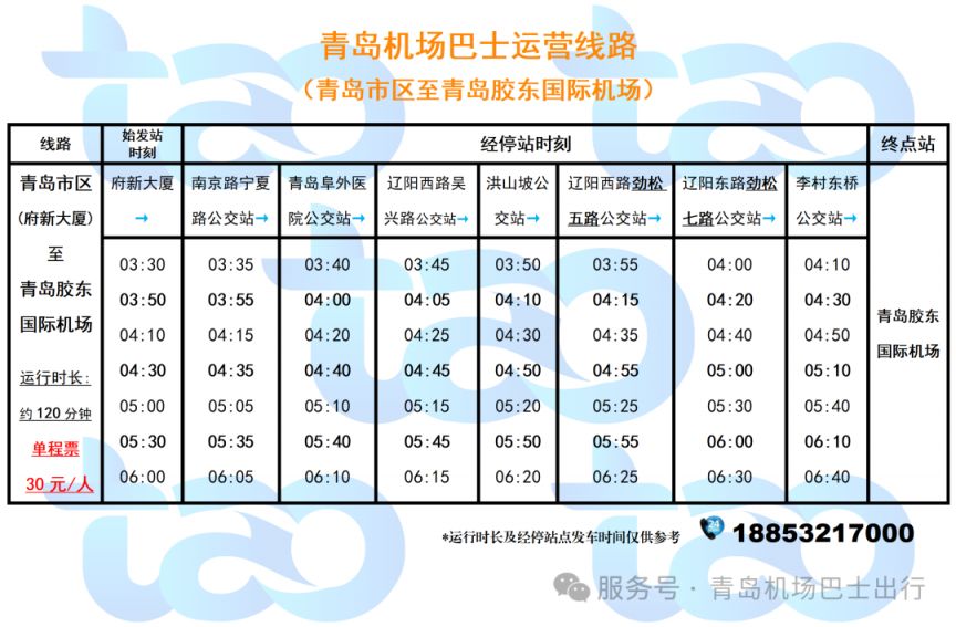 2026青岛胶东机场巴士运行时刻（1月12日更新）