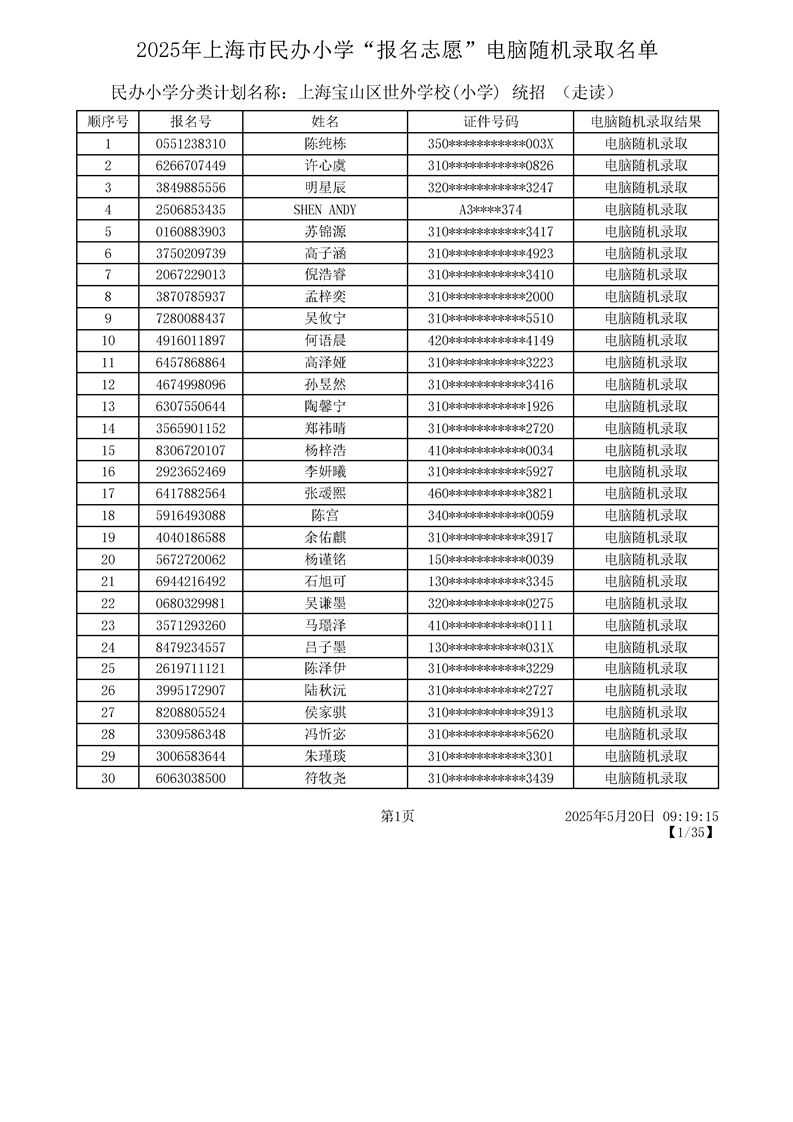2025上海宝山区民办小学摇号结果录取名单一览