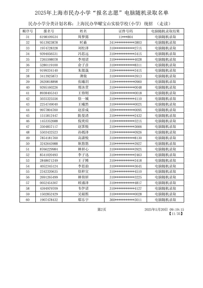 2025上海宝山区民办小学摇号结果录取名单一览