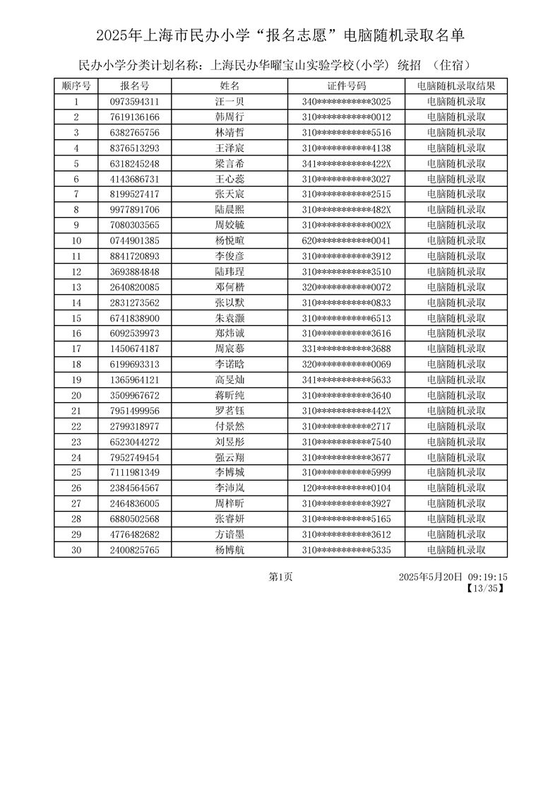 2025上海宝山区民办小学摇号结果录取名单一览