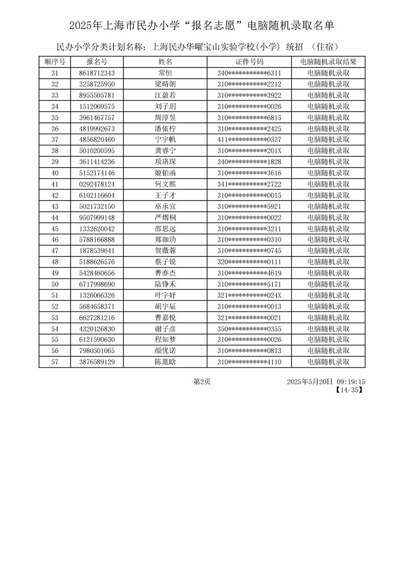 2025上海宝山区民办小学摇号结果录取名单一览