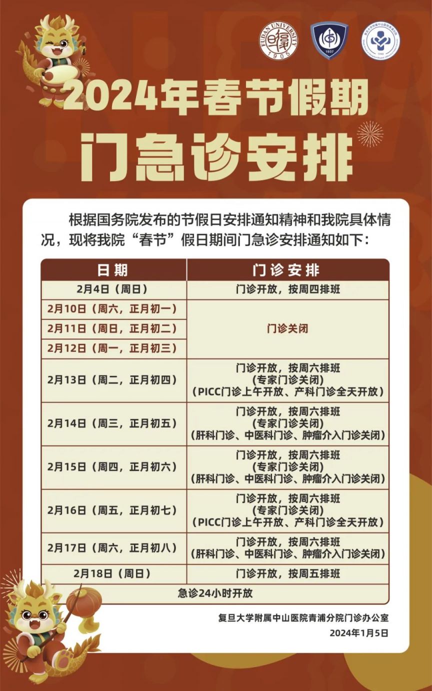 2024春节上海各大医院门急诊放假安排(持续更新）