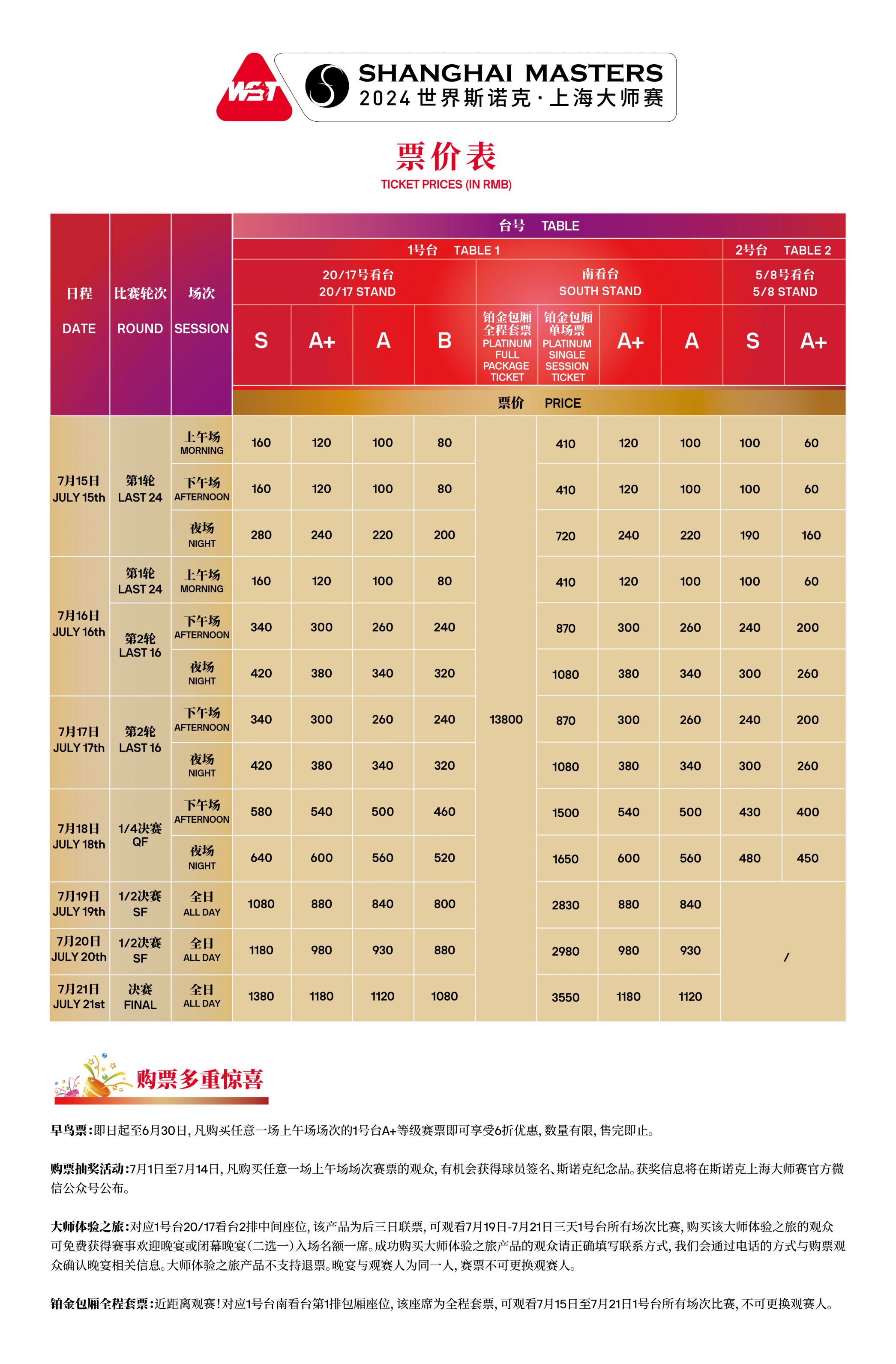 上海斯诺克大师赛门票多少钱一张2024