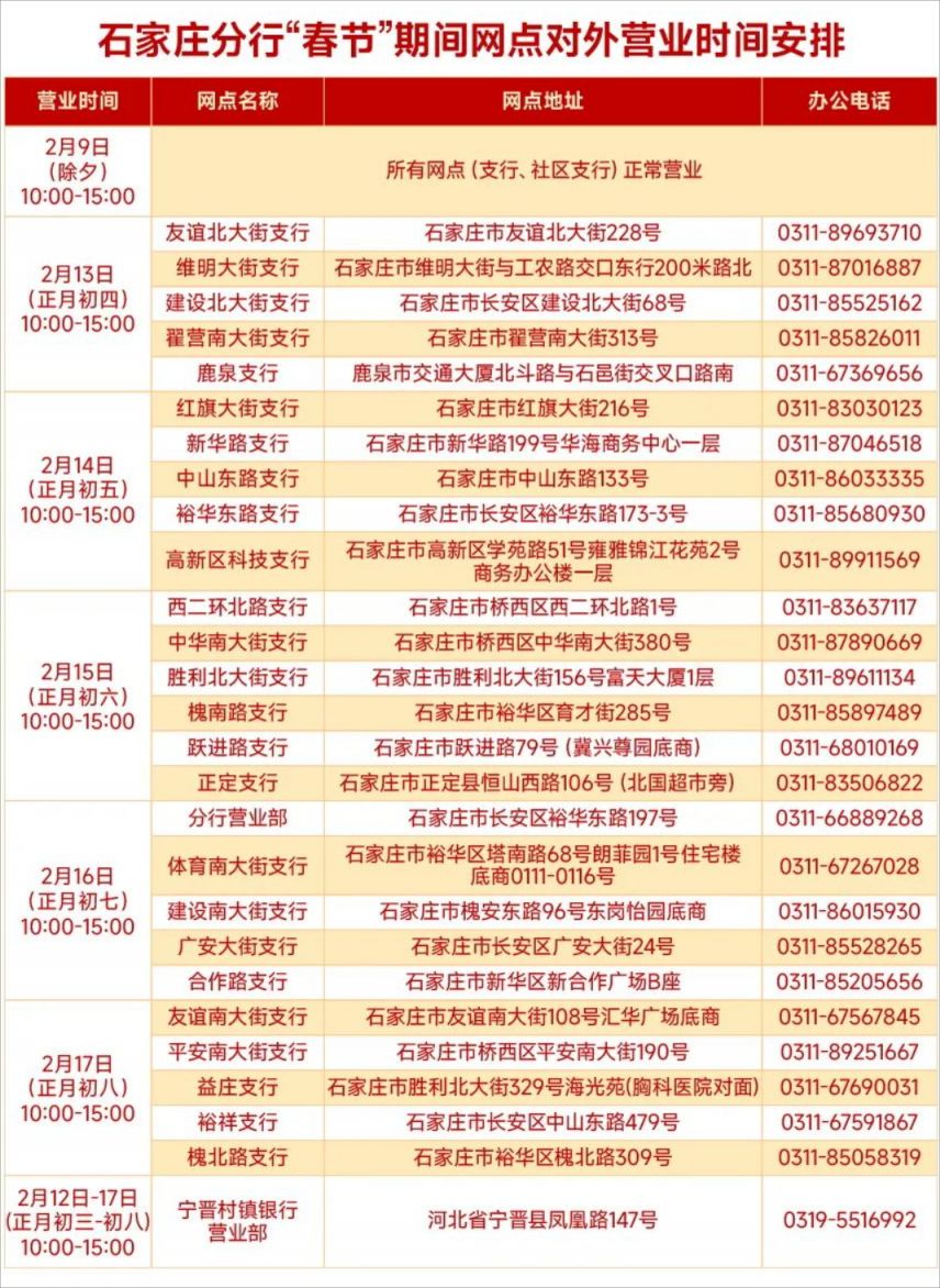 中国民生银行石家庄分行2024年春节假期网点营业时间