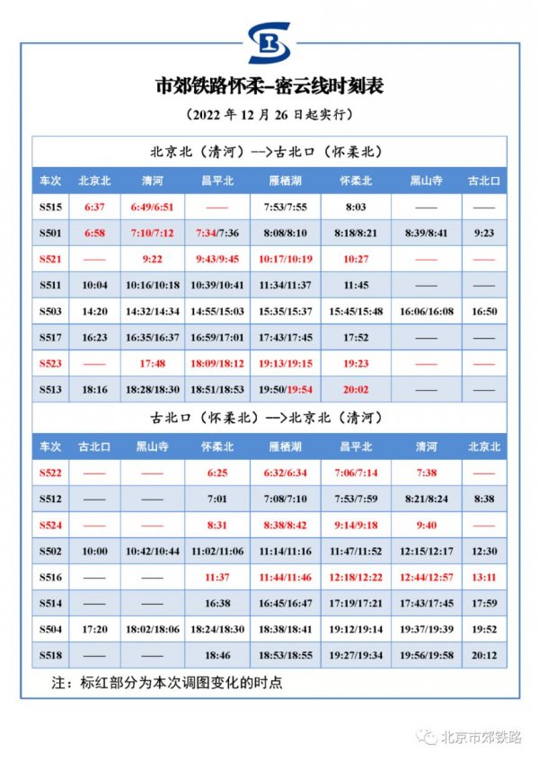 2022年12月26日起北京怀柔密云线最新时刻表- 北京本地宝