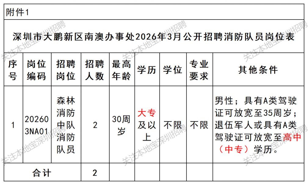 深圳大鹏南澳办事处招聘消防队员公告(3月)