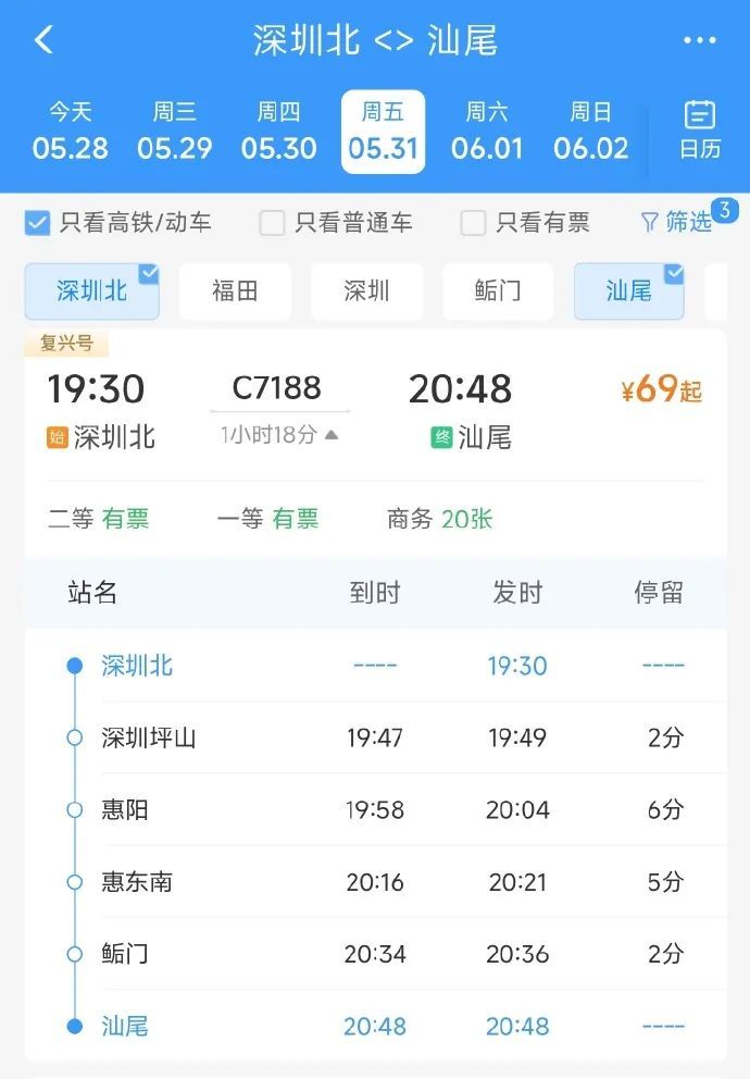5月31日和6月2日深圳北站加开往返汕尾的始发终到列车