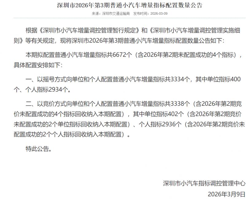 深圳市2026年第3期普通小汽车增量指标配置数量公告