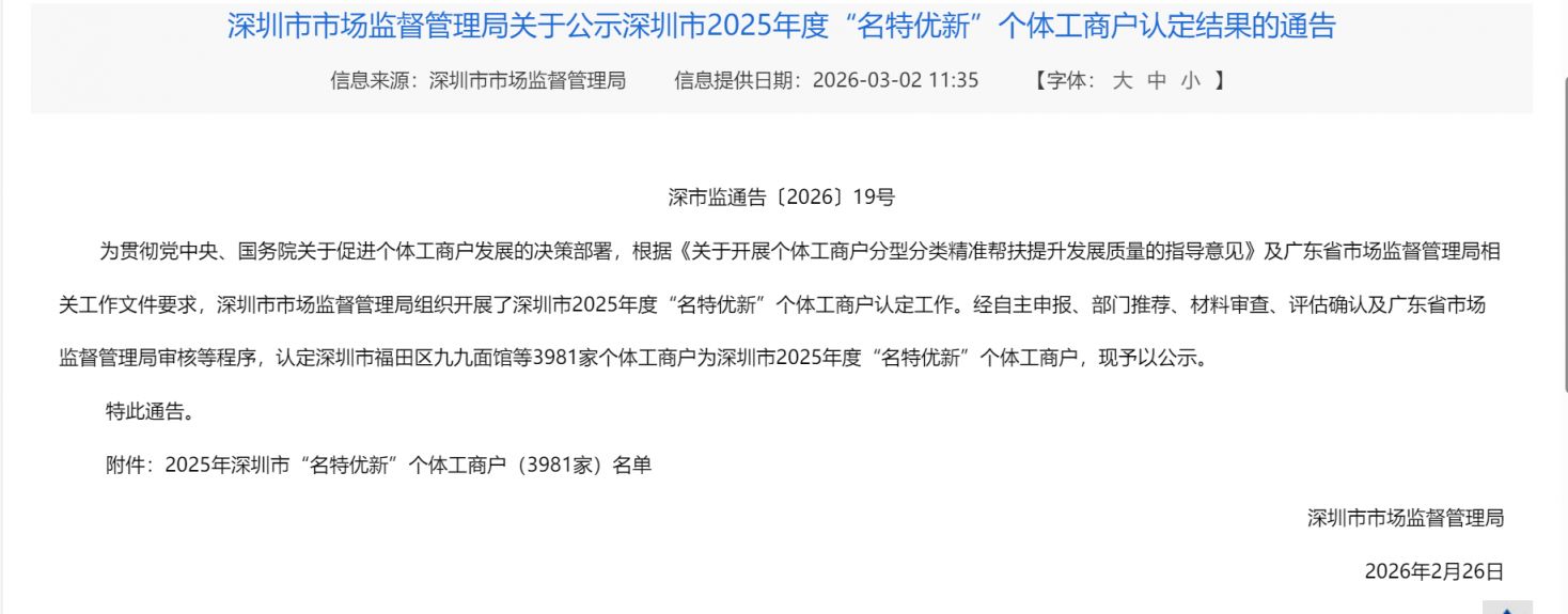 2025年深圳市名特优新个体工商户名单（3981家）
