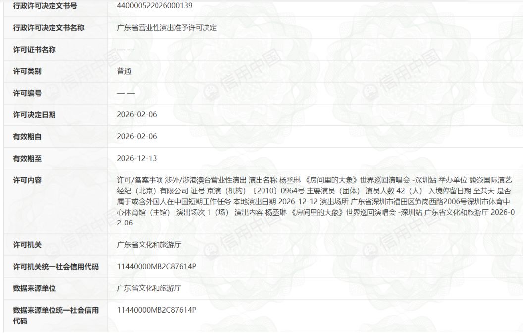 2026杨丞琳房间里的大象世界巡回演唱会深圳站时间+地点+门票