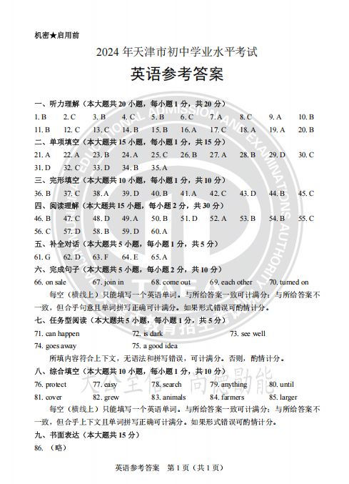 天津市2024年中考英语真题试卷及答案