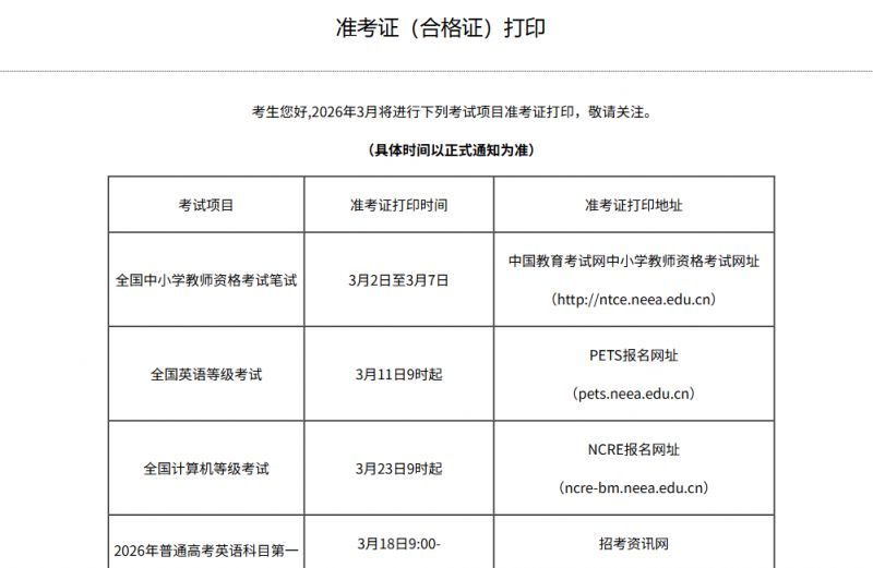 2026年上半年天津市教资笔试准考证打印时间及入口