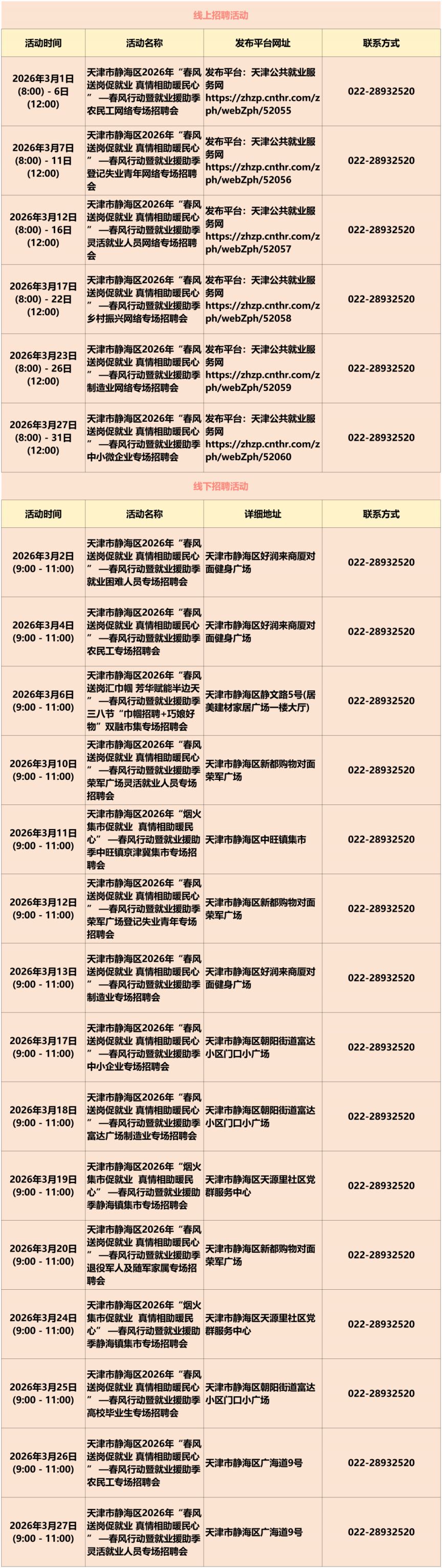 2026年天津3月份招聘活动安排