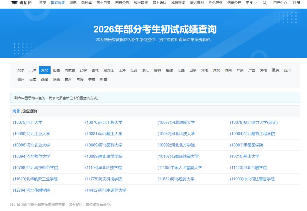 2026年河北省硕士研究生初试成绩公布了吗？