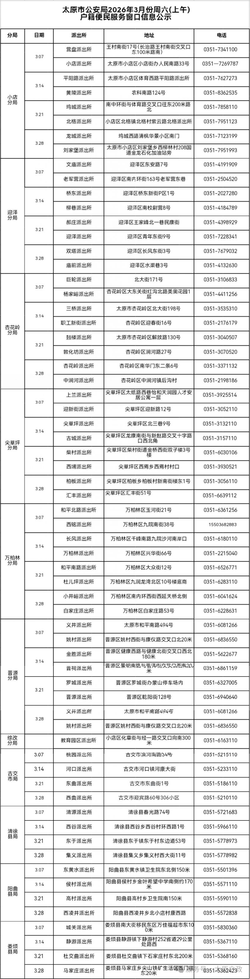 2026年3月份周六(上午)太原市公安局户籍便民服务窗口信息公示
