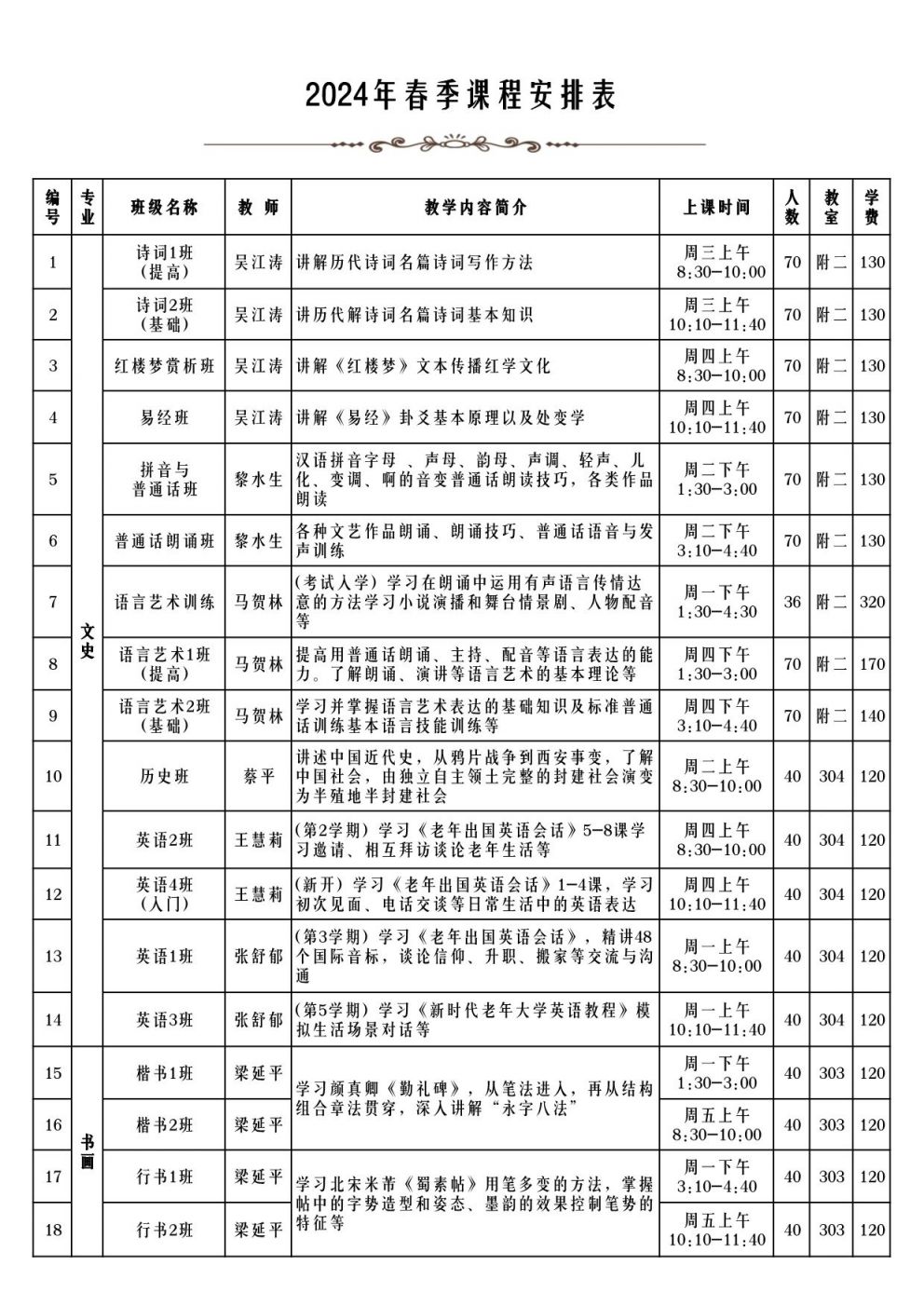 2024年春季江汉区老年大学课程安排表