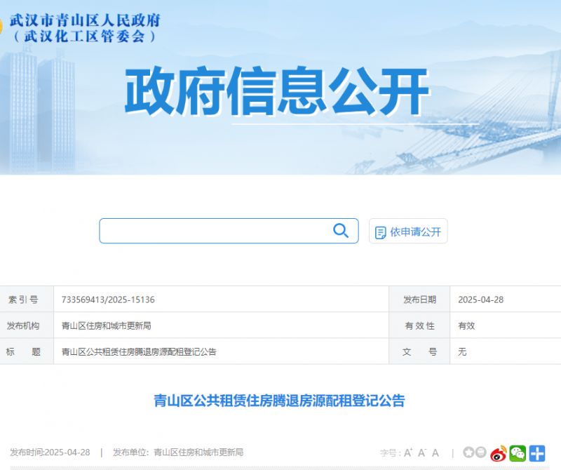 武汉青山区公租房腾退房源配租登记公告(2025年4月28日)