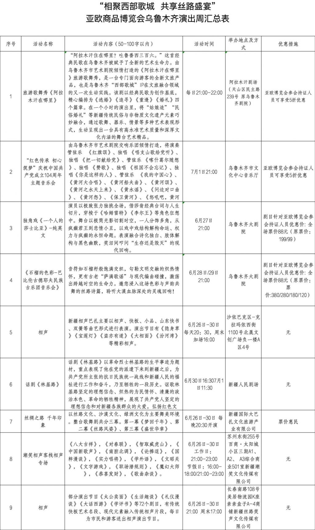 亚欧商品博览会乌鲁木齐文化演出周活动