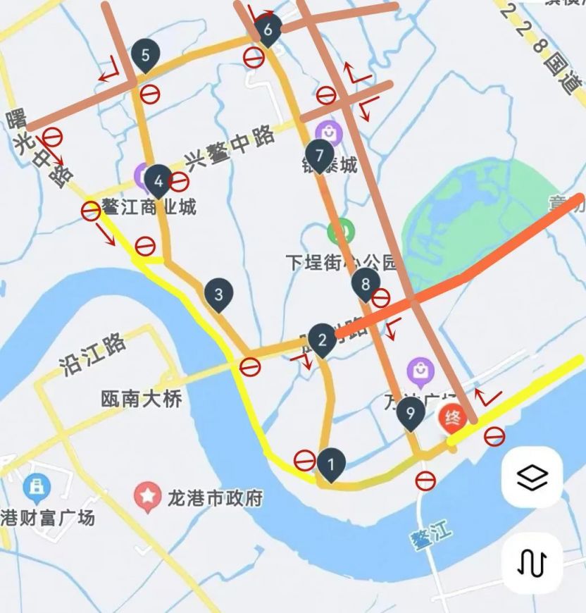 (經過鎮政府大院)→新河路(經過商業城,鰲江公園)→園林路→車站大道