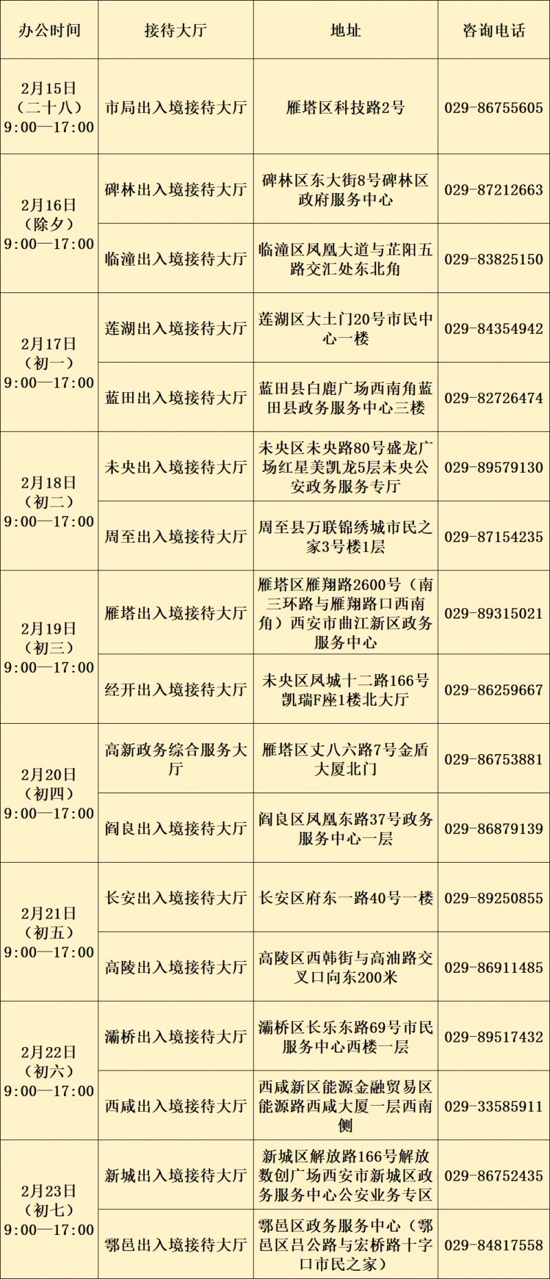 2026年春节期间西安出入境办证窗口接待安排（时间+地点）