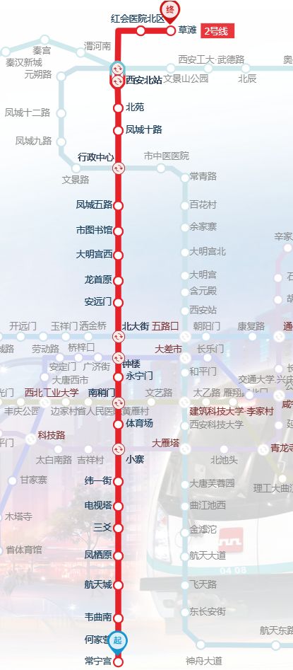 西安地铁2号线站点线路图（草滩-常宁宫）
