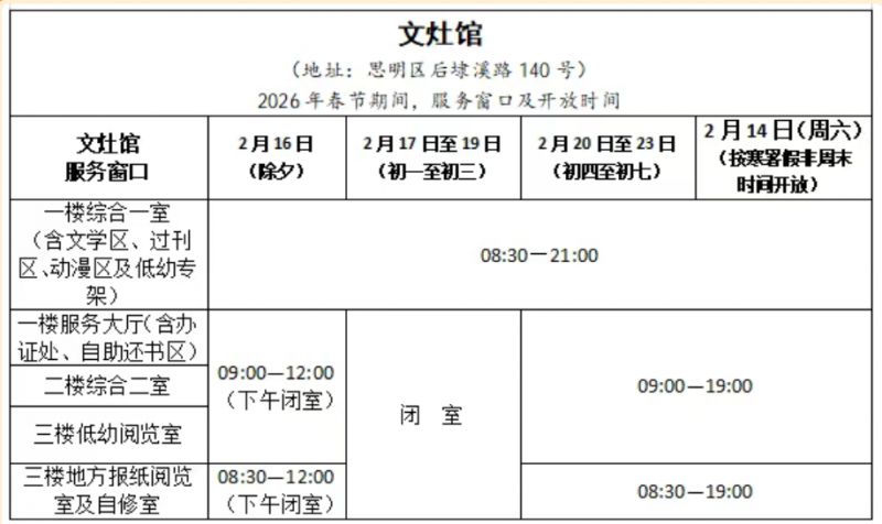 厦门市少年儿童图书馆2026年春节期间开放时间安排