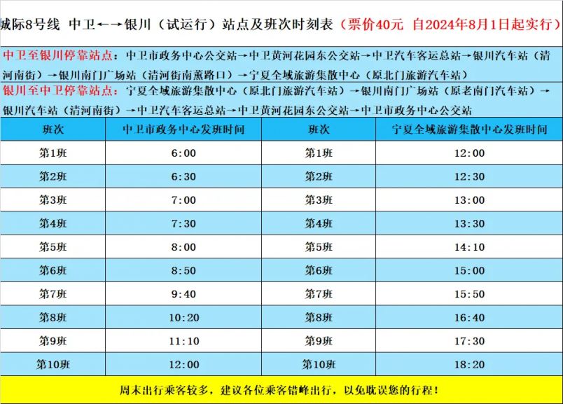 银川到中卫城际公交时刻表（城际8号线）
