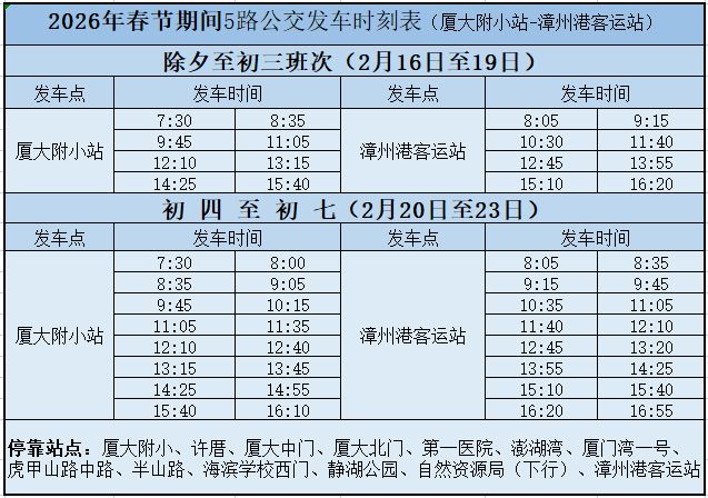 2026春节期间漳州开发区公交发车时刻表