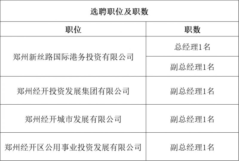 郑州经济技术开发区区属国有企业选聘经理层成员公告